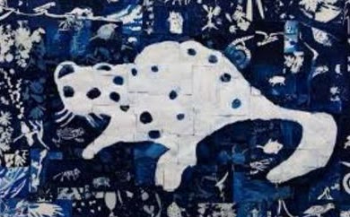 Blue and white collage artwork of a spotted animal