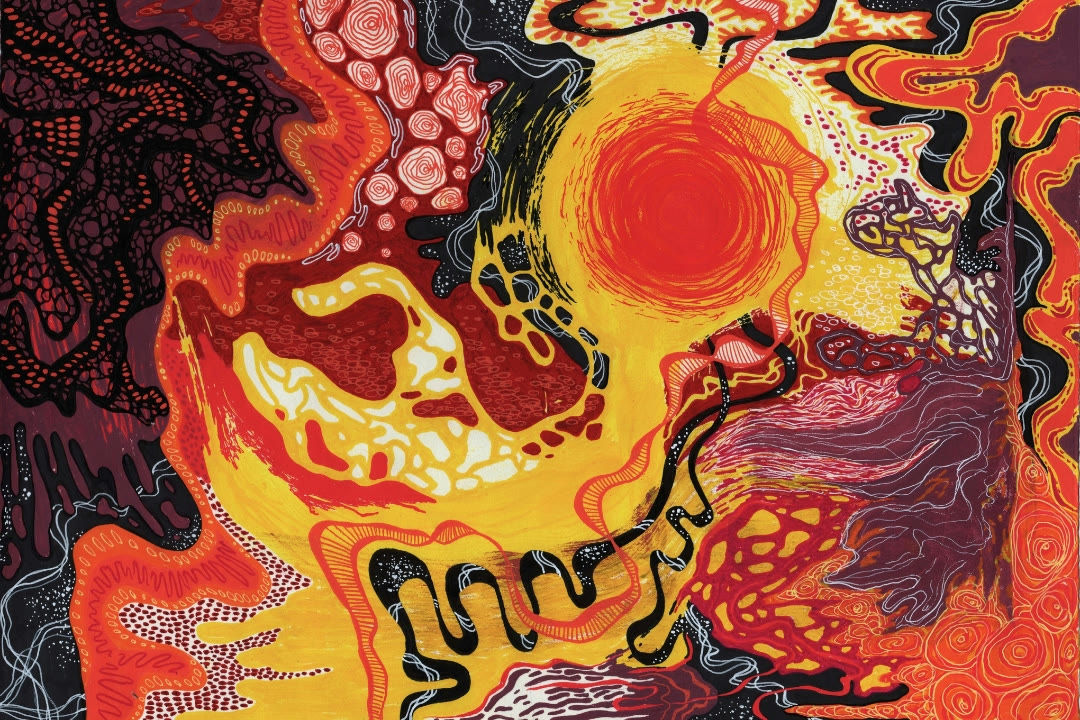 Detailed red, orange and yellow patterned painting